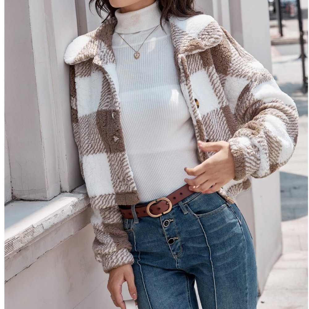 Plaid Button Front Teddy Jacket 50% OFF - Picture 3 of 7